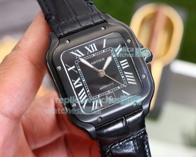 Replica Cartier Santos Automatic Watch Black Dial Black Leather Strap Black Bezel